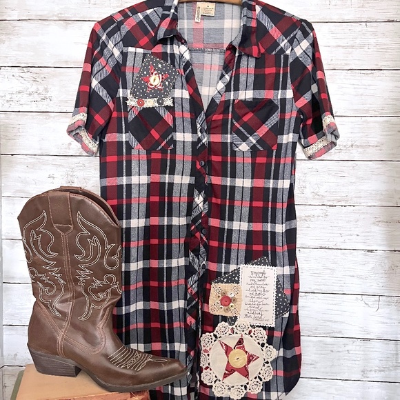 Passport Tops - Altered-Refashioned Plaid Patriotic Tunic Shirt - Size M